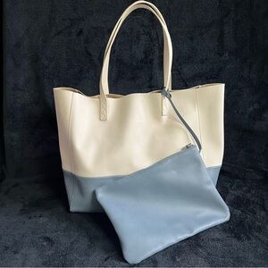 Chicos Celine Style Faux Leather White & Light Blue Large Tote w/Pouch